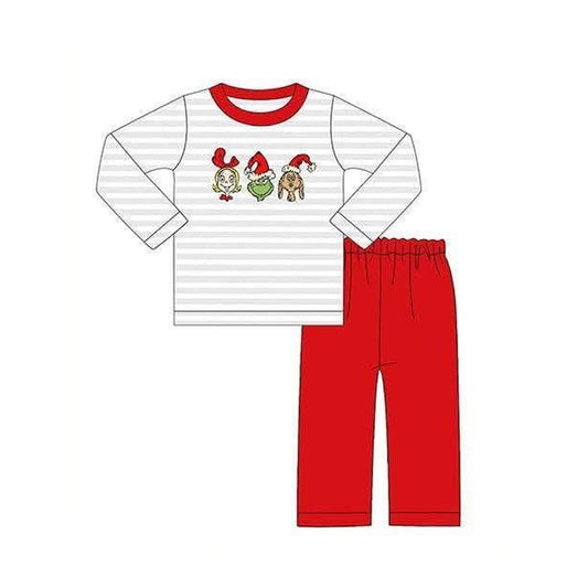 6.29 Preorder BLP1490 Green Frog Stripes Top Red Pants Boys Christmas Clothes Set