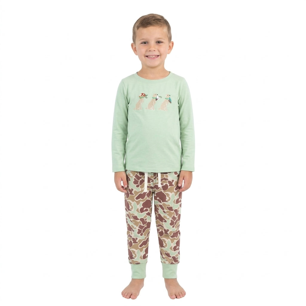 BLP1492 Dog Hunting Embroidery Green Top Camo Pockets Pants Boys Clothes Set