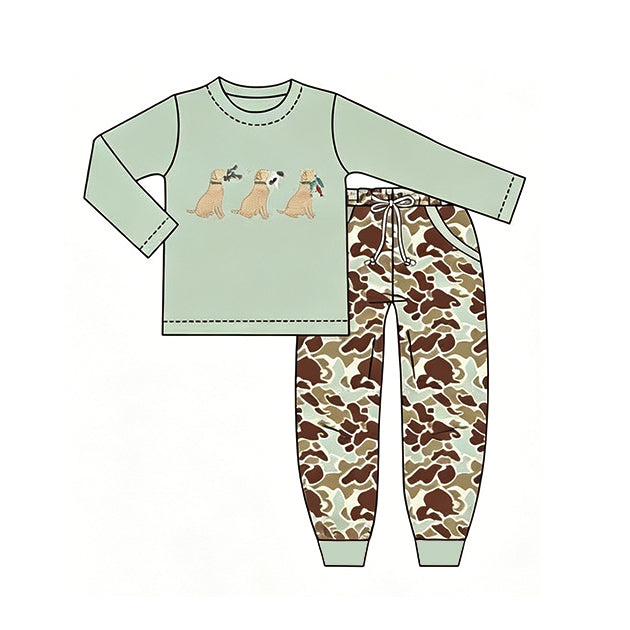 6.30 Preorder BLP1492 Dog Hunting Green Top Camo Pants Boys Clothes Set