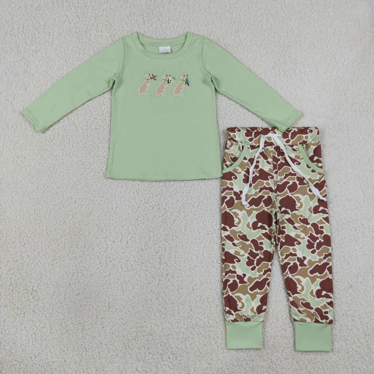 BLP1492 Dog Hunting Embroidery Green Top Camo Pockets Pants Boys Clothes Set