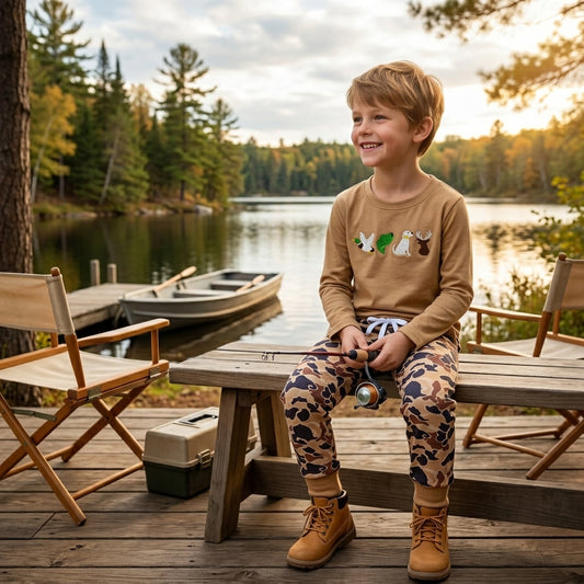 BLP1493 Dog Hunting Embroidery Brown Top Camo Pockets Pants Boys Fall Clothes Set