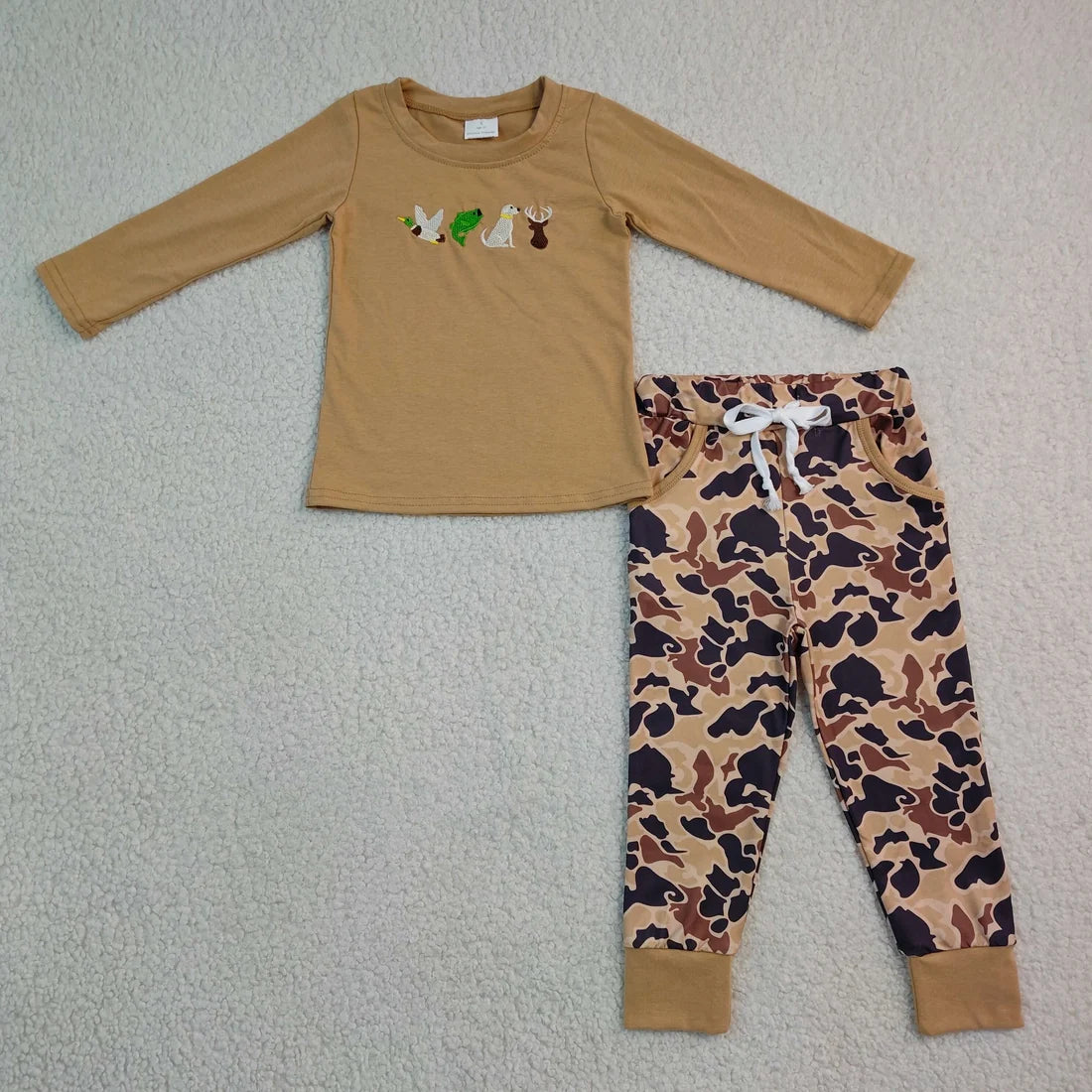 Sibling Kids Boys Embroidery Hunting Duck Long Sleeve Top Pants Outfit