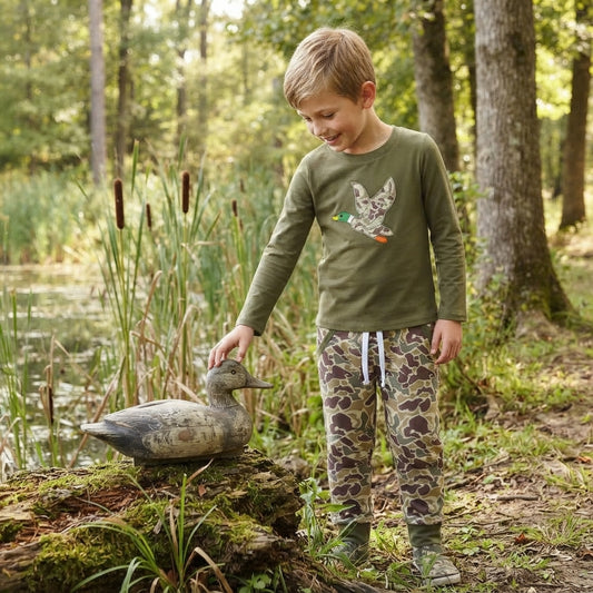 BLP1494 Duck Embroidery Green Top Camo Pockets Pants Boys Clothes Set