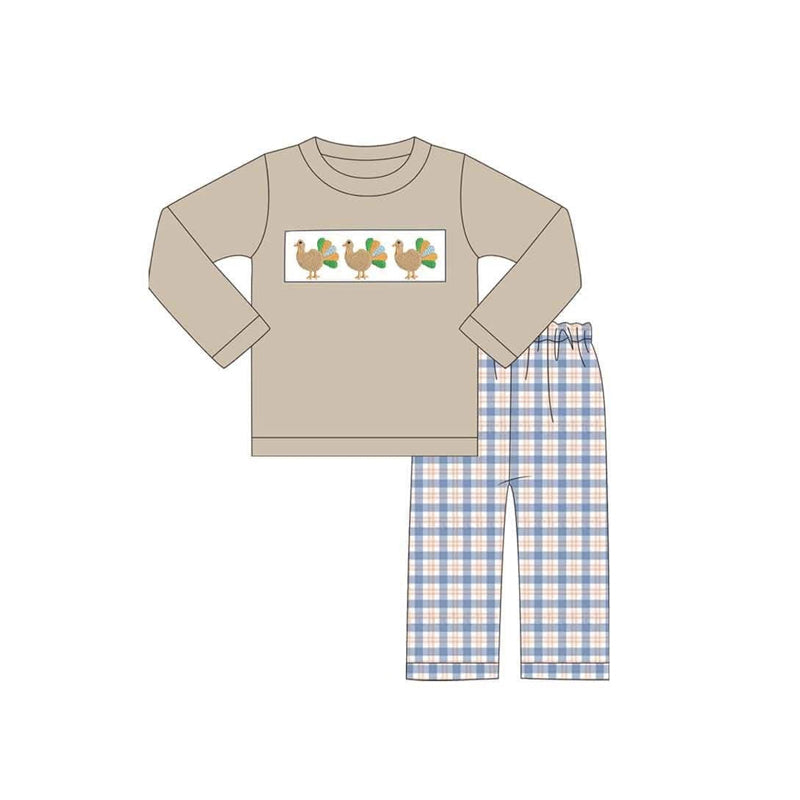 6.30 Preorder BLP1495 Turkey Top Plaid Pants Boys Thanksgiving Clothes Set