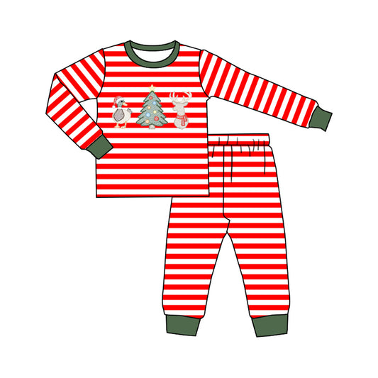 7.2 Preorder Kids Boys Christmas Duck Deer Red Striped Long Sleeve Pajama Set