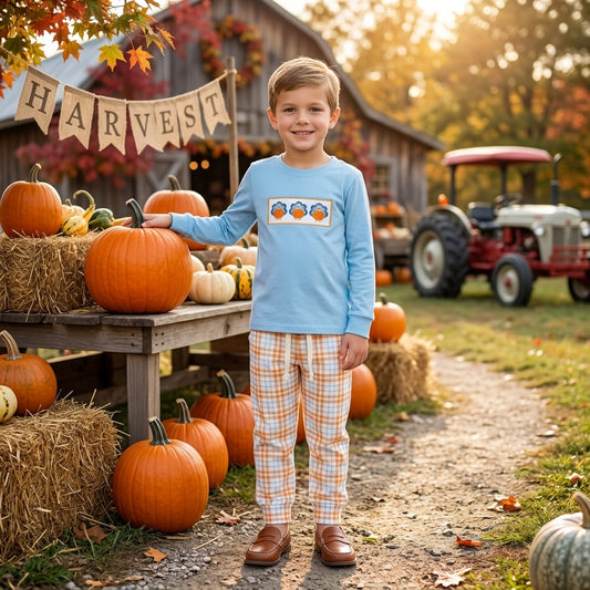 BLP1498 Pumpkin Turkey Embroidery Blue Top Orange Checkered Pants Boys Thanksgiving Clothes Set