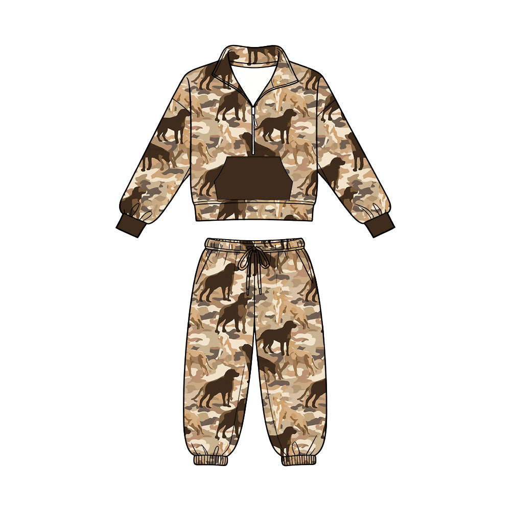 7.6 Preorder KIds Boys Hunting Dog Brown Camo Long Sleeve Pullover Top witj Jogger Set