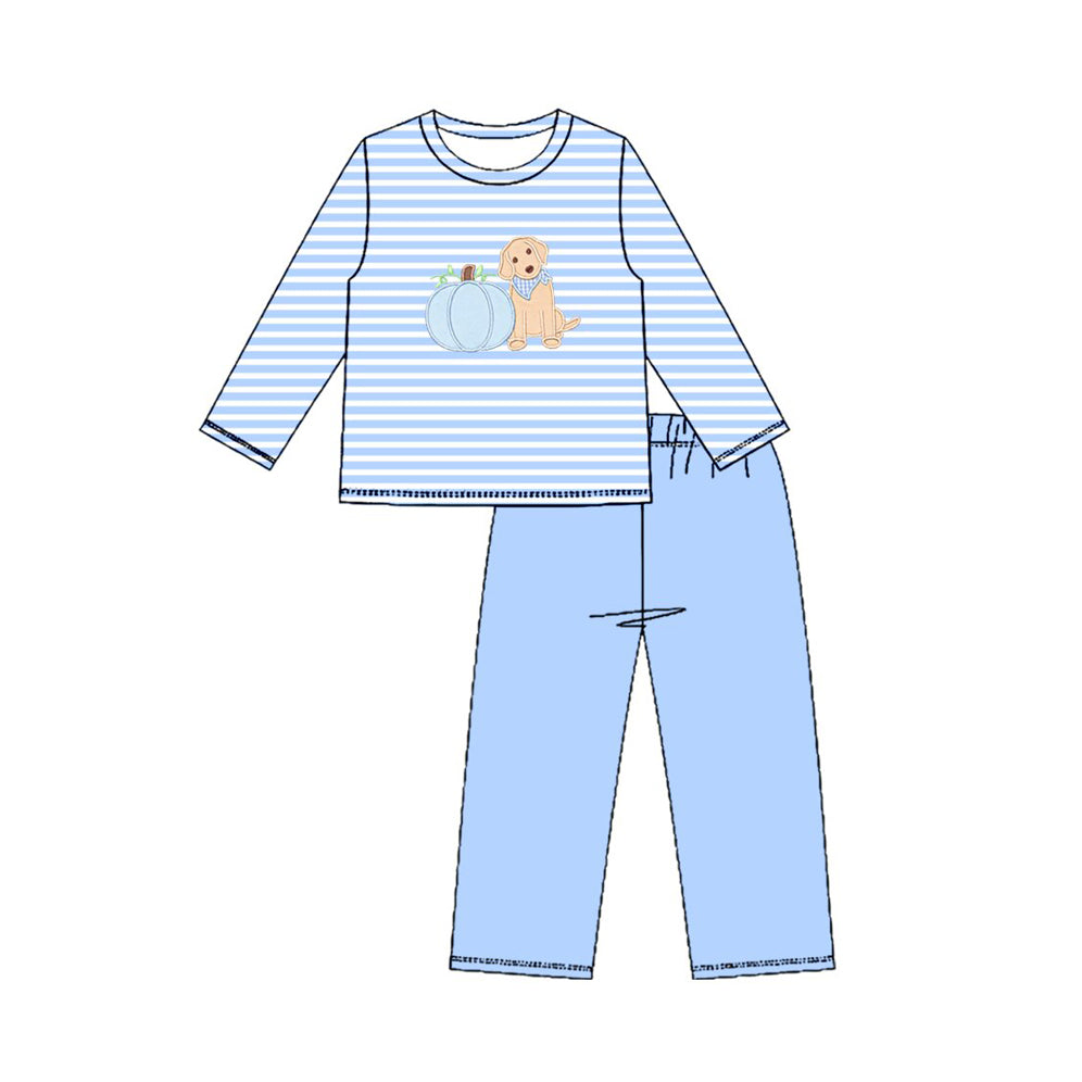 7.6 Preorder KIds Boys Blue Pumpkin Dog Striped Long Sleeve Top With Pants Outfit
