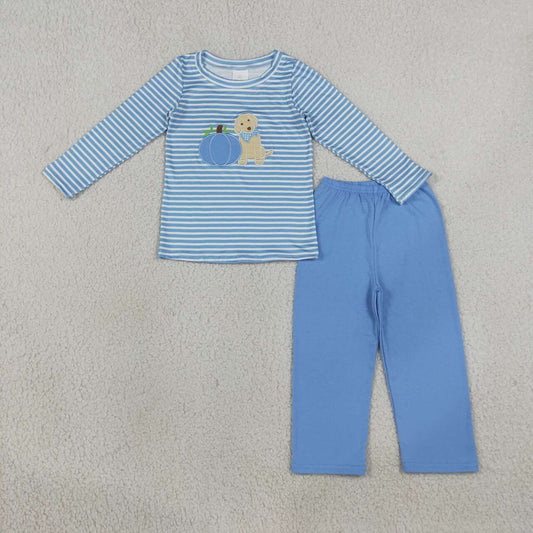 Sibling Baby Boys Embroidery Pumpkin Puppy Blue Striped Outfit and Romper