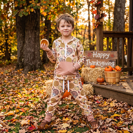 BLP1504 Turkey Pumpkin Pie Print Zipper Hoodie Top Pocket Pants Boys Thanksgiving Clothes Set