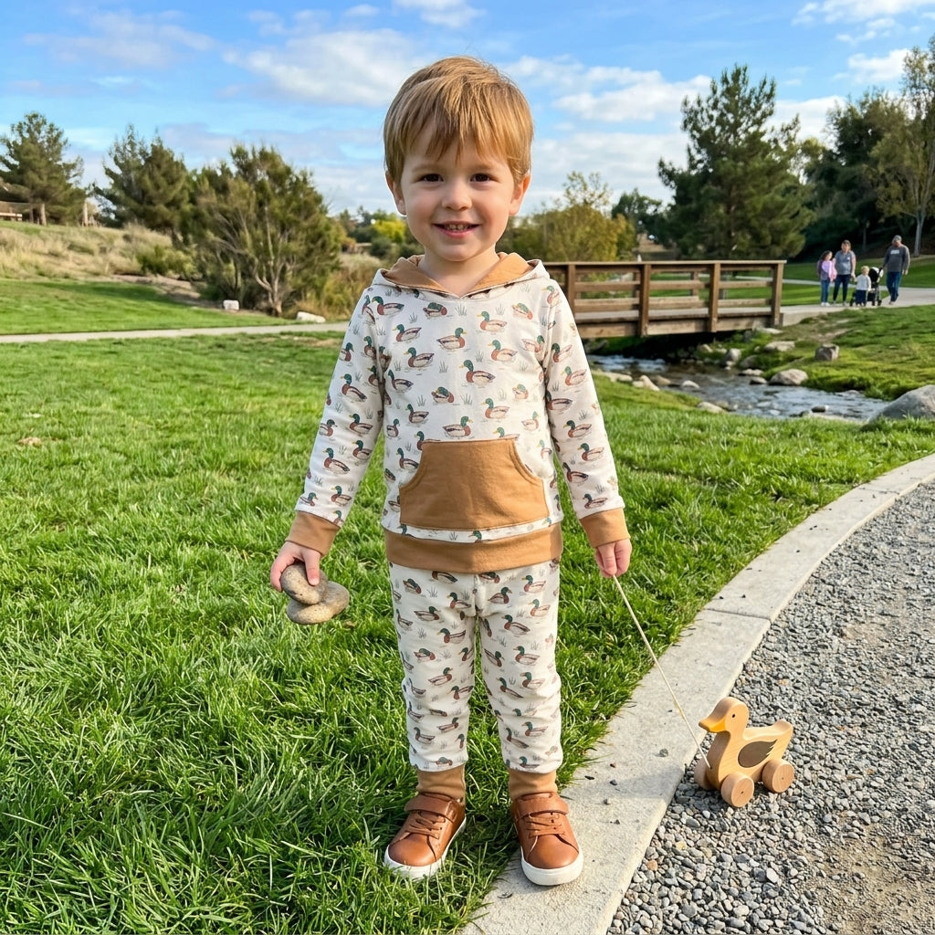 BLP1510 Duck Hoodie Top Pockets Pants Boys Fall Clothes Set
