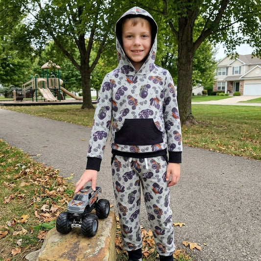 BLP1511 Monster Trucks Hoodie Top Pockets Pants Boys Fall Clothes Set