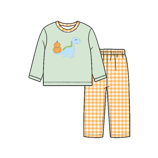 7.27 BLP1515 Preorder Dino Pumpkin Top Checkered Pants Boys Fall Clothes Set