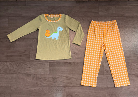 7.27 BLP1515 Preorder Dino Pumpkin Top Checkered Pants Boys Fall Clothes Set