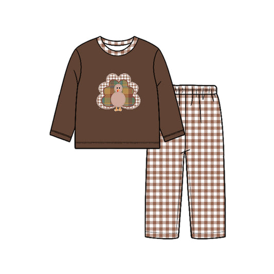 7.27 BLP1516 Preorder Turkey Brown Top Checkered Pants Boys Thanksgiving Clothes Set