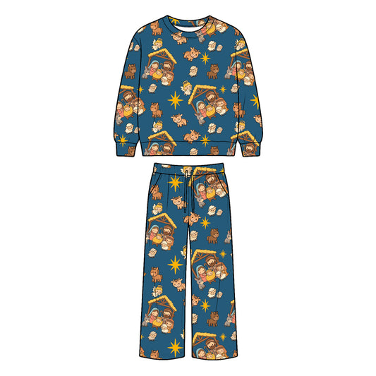 7.28 BLP1518 Preorder Nativity Print Long Sleeve Top Pockets Pants Kids Christmas Clothes Set