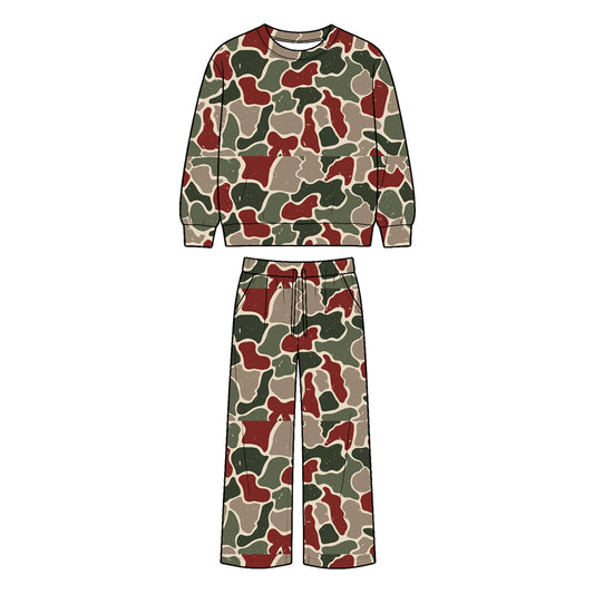7.28 BLP1519 Preorder Red Green Camo Print Long Sleeve Top Pockets Pants Kids Christmas Clothes Set