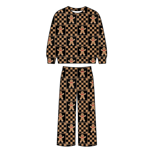 7.28 BLP1520 Preorder Gingerbread Checkered Print Long Sleeve Top Pockets Pants Kids Christmas Clothes Set