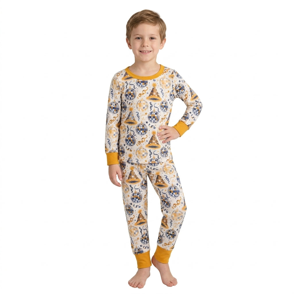 BLP1534 Disco Ball Stars Print Boys Happy New Year Pajamas Clothes Set