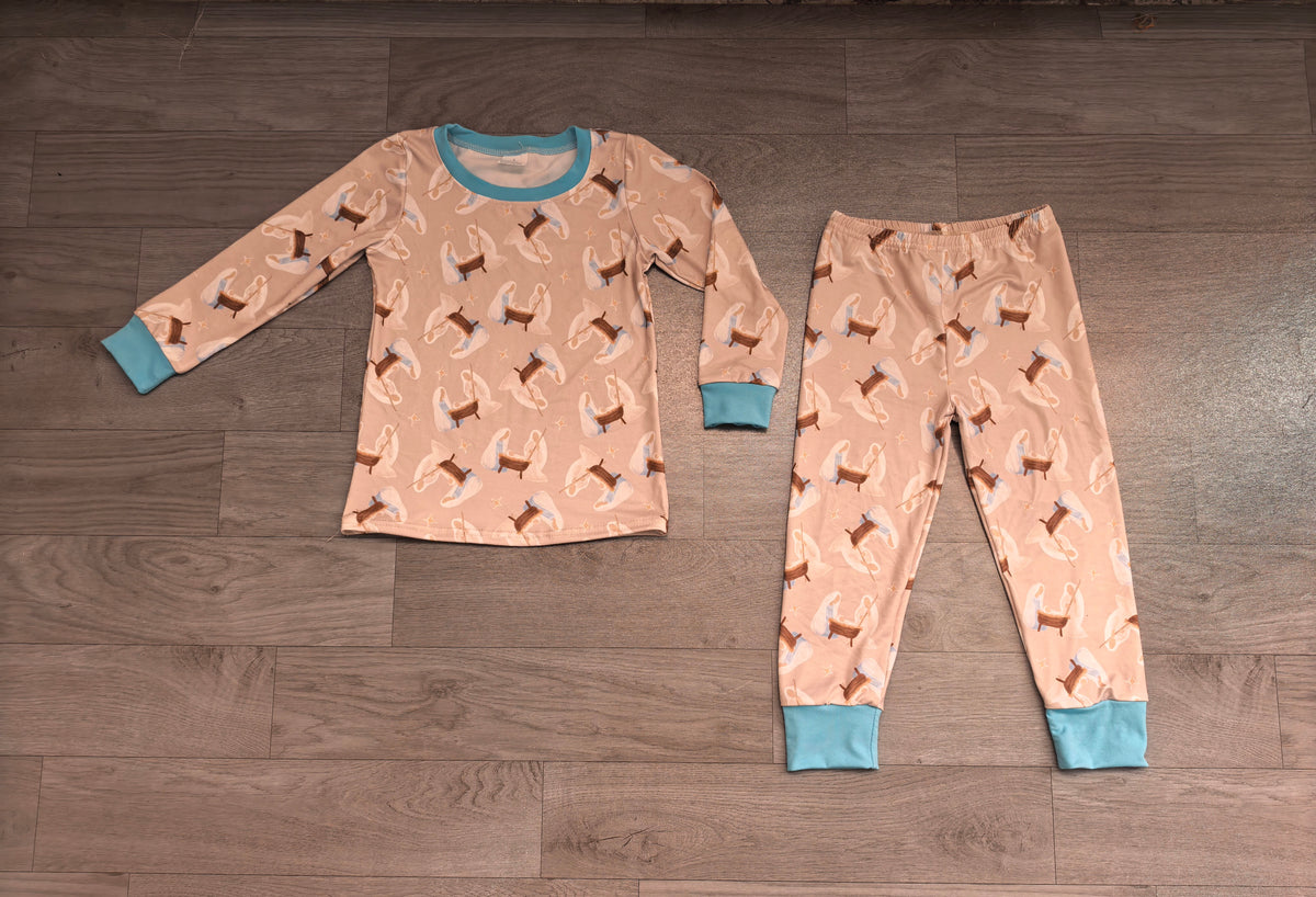 8.6 BLP1535 Preorder Nativity Stars Print Kids Christmas Pajamas Clothes Set