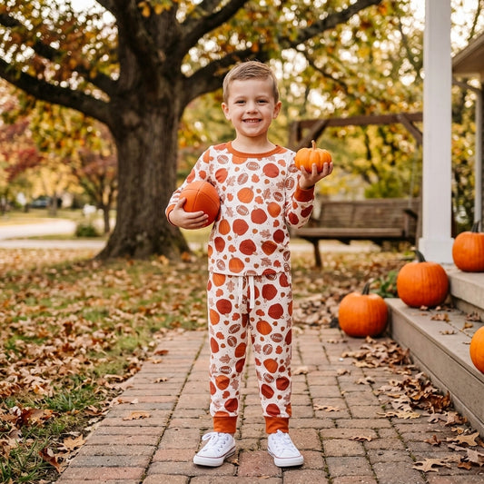 BLP1539 Football Pumpkin Boys Fall Long Sleeve Pajamas Clothes Set