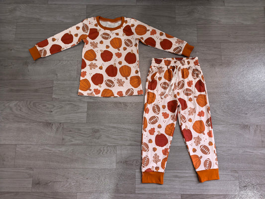 8.7 Preorder Kids Boys Fall Football Pumpkin Long Sleeve Pajama Set