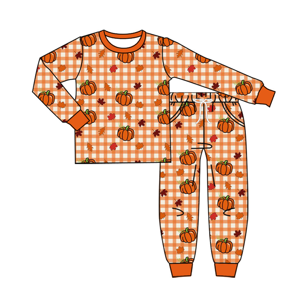 8.7 Preorder Kids Boys Fall Pumpkin Gingham Long Sleeve Pajama Set