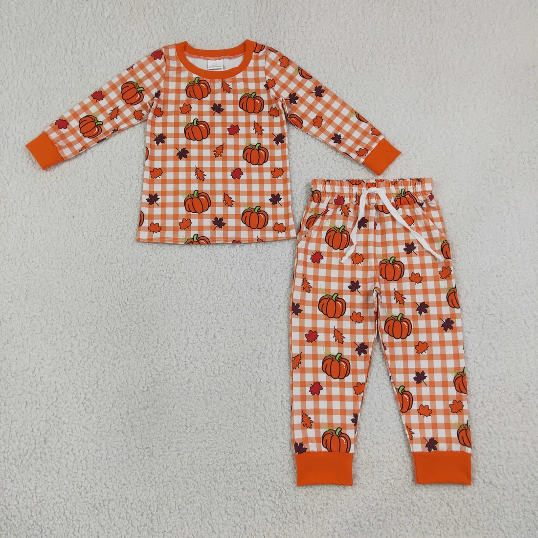 Sibling Baby Boys  Fall Pumpkin Orange Checked Outfit and Romper