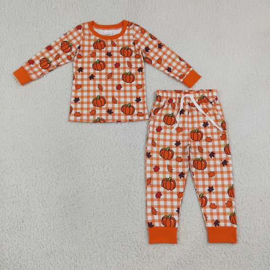 Sibling Baby Boys  Fall Pumpkin Orange Checked Outfit and Romper