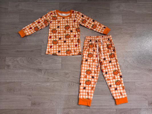 8.7 Preorder Kids Boys Fall Pumpkin Gingham Long Sleeve Pajama Set