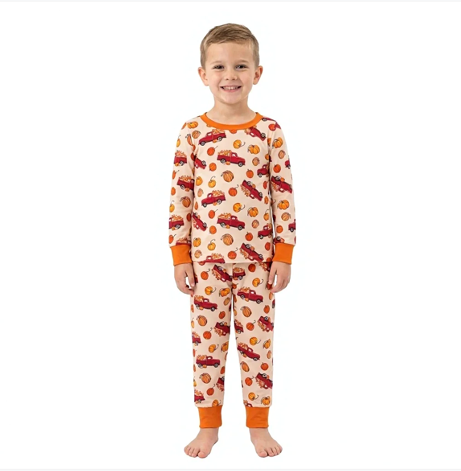 Kids Boys Fall Pumpkin Truck Long Sleeve Pajama Set