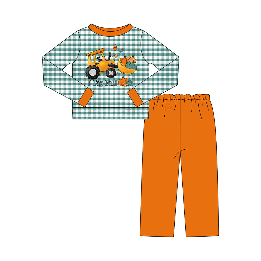 8.7 Preorder Kids Boys  I Dig Fall Green Gingham Top with Orange pants Outfit
