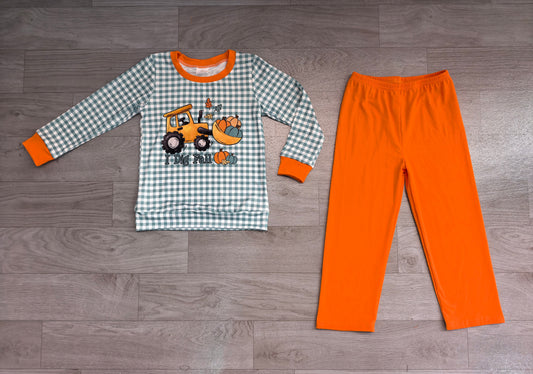 8.7 BLP1542 Preorder Kids Boys  I Dig Fall Green Gingham Top with Orange pants Outfit