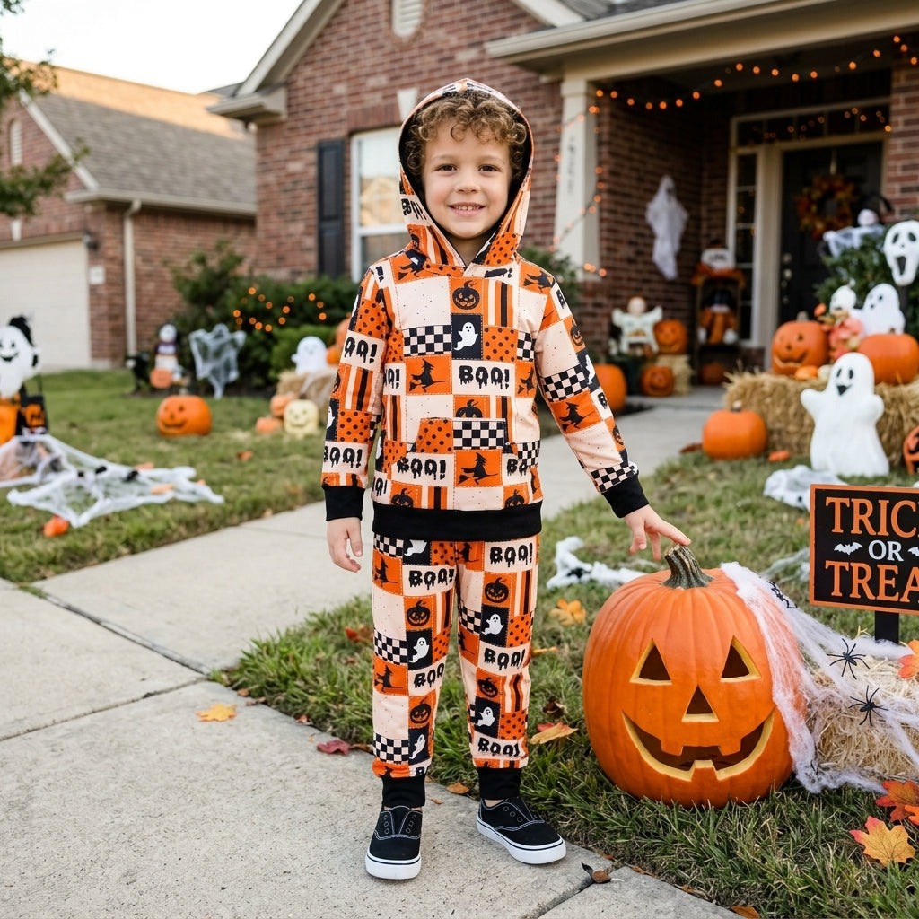 BLP1544 Pumpkin Ghost BOO! Checkered Print Hoodie Top Pockets Pants Boys Halloween Clothes Set