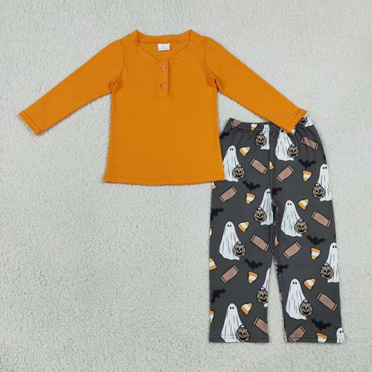 BLP1546 Orange Top Ghost Candy Bat Pants Boys Halloween Clothes Set