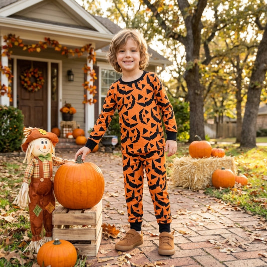 BLP1549 Pumpkin Face Smiling Print  Kids Boys Halloween Pajamas Clothes Set