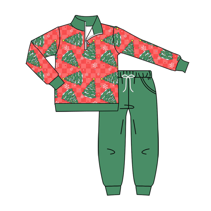 8.7 BLP1551 Preorder Tree Red Checkered Pullover Top Green Pants Boys Christmas Clothes Set