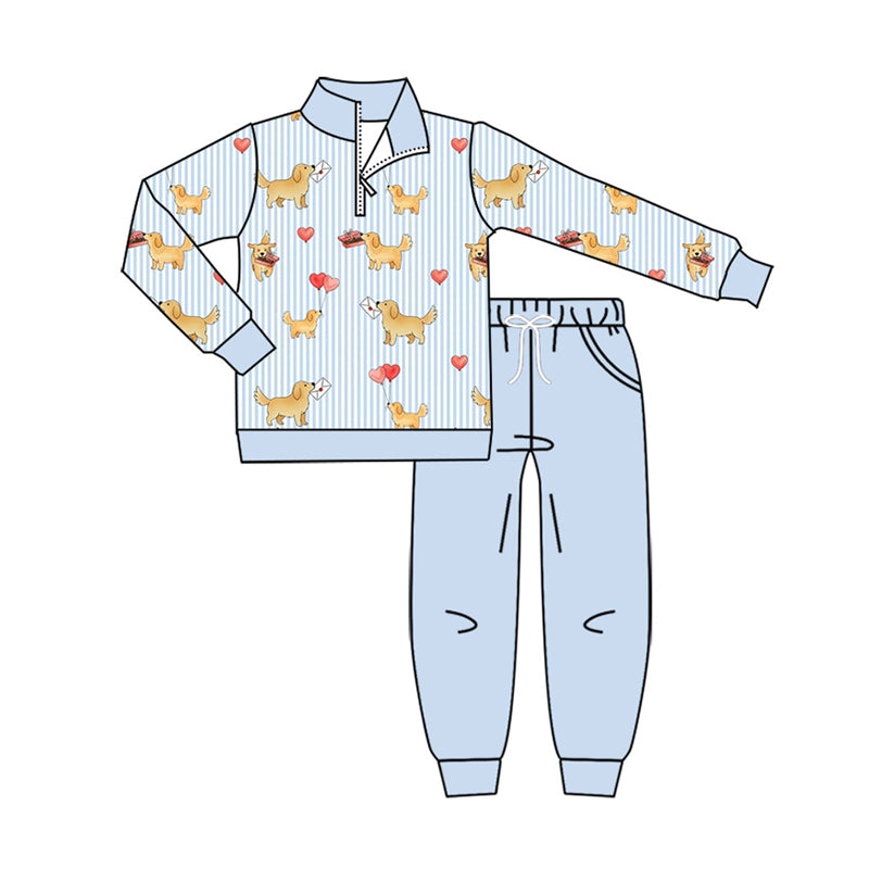 8.7 BLP1554 Preorder Puppy Hearts Stripes Pullover Top Blue Pants Boys Valentine's Day Clothes Set