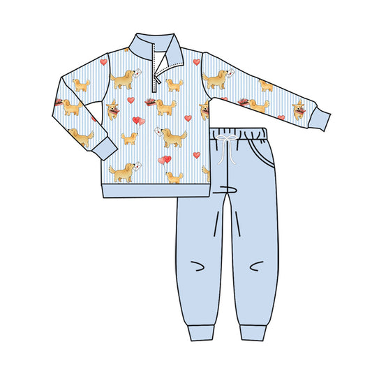 8.7 BLP1554 Preorder Puppy Hearts Stripes Pullover Top Blue Pants Boys Valentine's Day Clothes Set