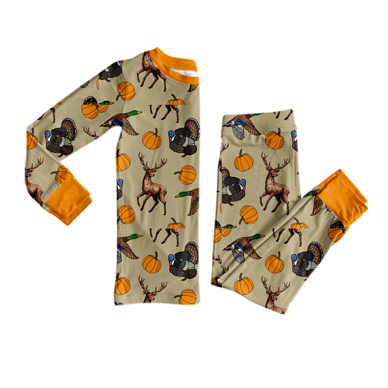 8.8 BLP1556 Preorder Animals Pumpkin Print Boys Fall Pajamas Clothes Set