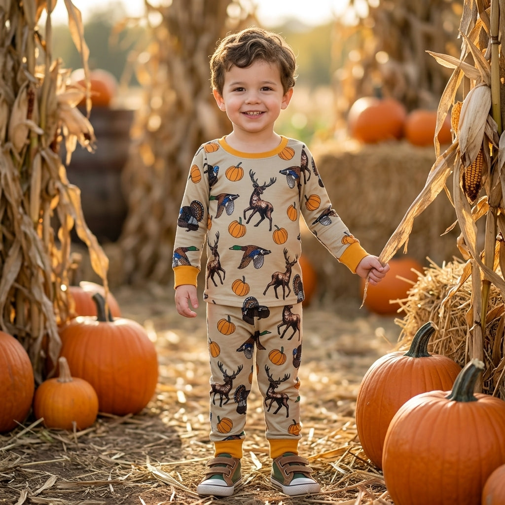 BLP1556 Animals Pumpkin Print Boys Fall Pajamas Clothes Set