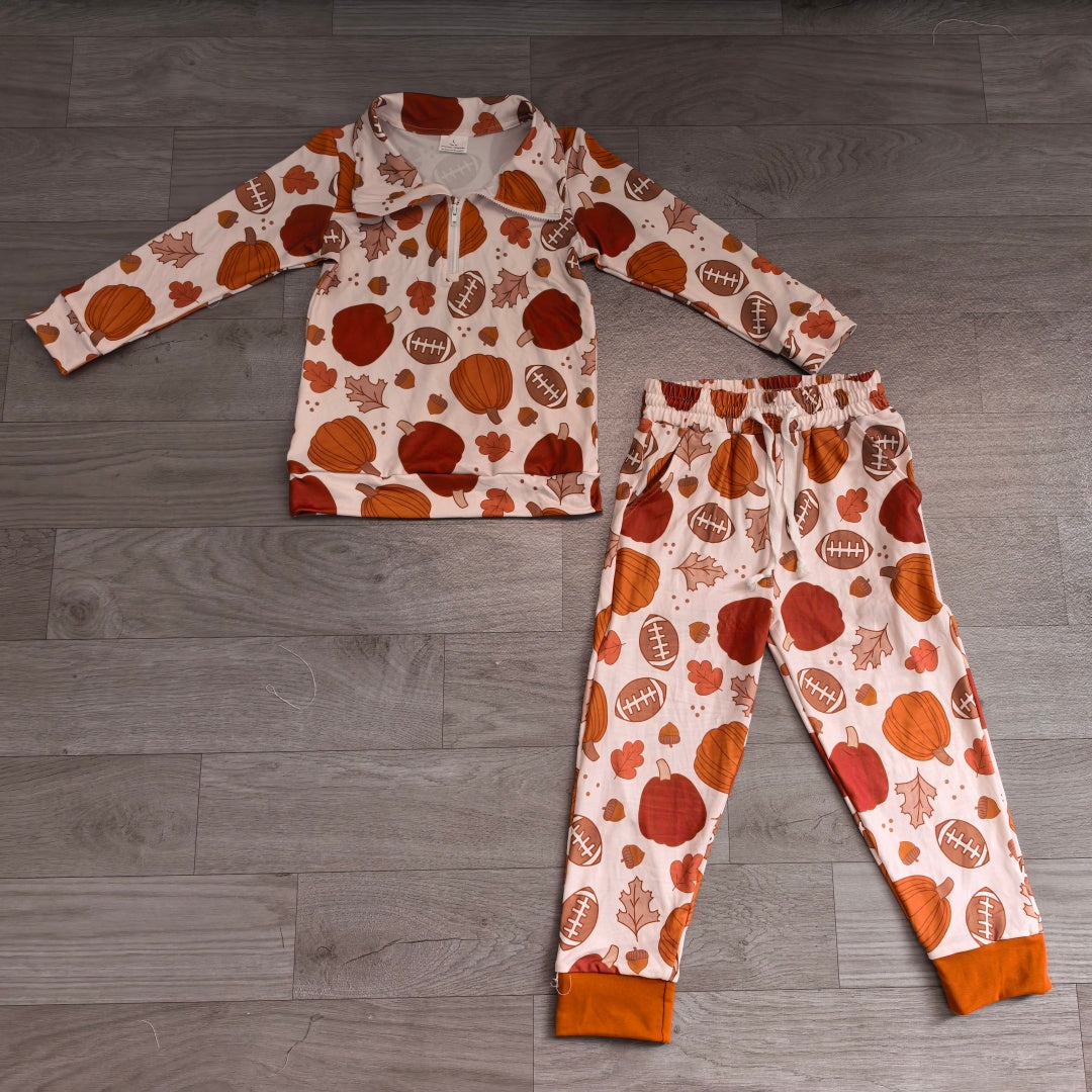 Kids Boys Fall Football Pumpkin Pullover Top Jogger Outfit Preorder