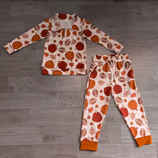 Kids Boys Fall Football Pumpkin Pullover Top Jogger Outfit Preorder