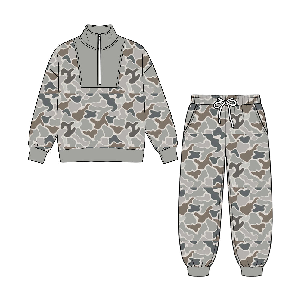 8.25  Preorder Grey Duck Camo Half‑Zip Top & Jogger Pants Set