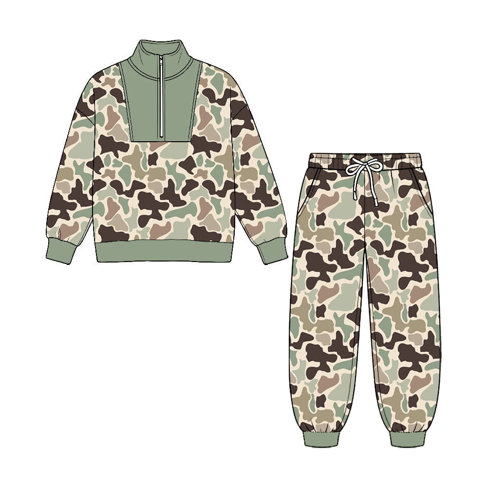 8.25  Preorder Brown Green Camo Half‑Zip Top & Jogger Pants Set