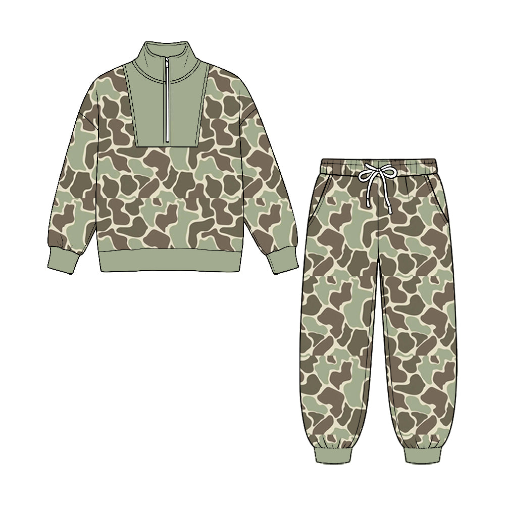 8.25  Preorder Olive Duck Camo Half‑Zip Top & Jogger Pants Set