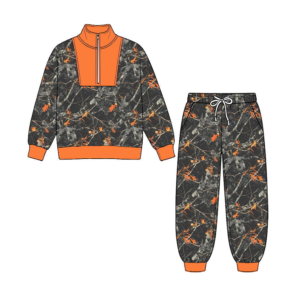 8.25  BLP1591 Preorder Orange Accent Tree Camo Half‑Zip Top & Jogger Pants Set