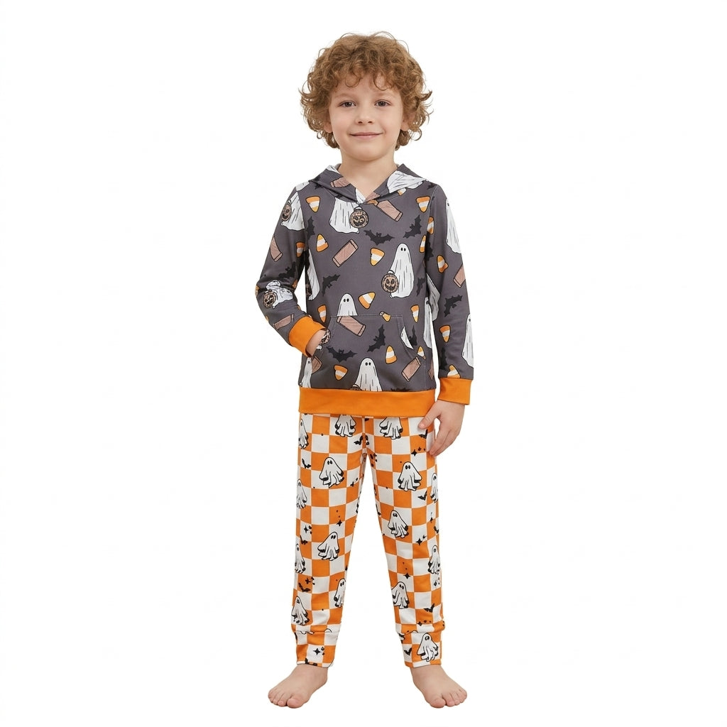 BLP1607 Ghost Bat Candy Hoodie Top Orange Checked Pants Baby Boys Halloween Clothes Set