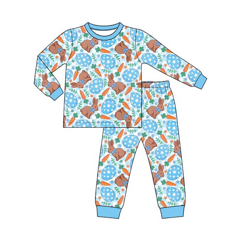 9.25 BLP1633 Preorder Bunny Eggs Carrot Blue Checkered Print Boys Short Sleeve Pants Easter Pajamas Clothes Set