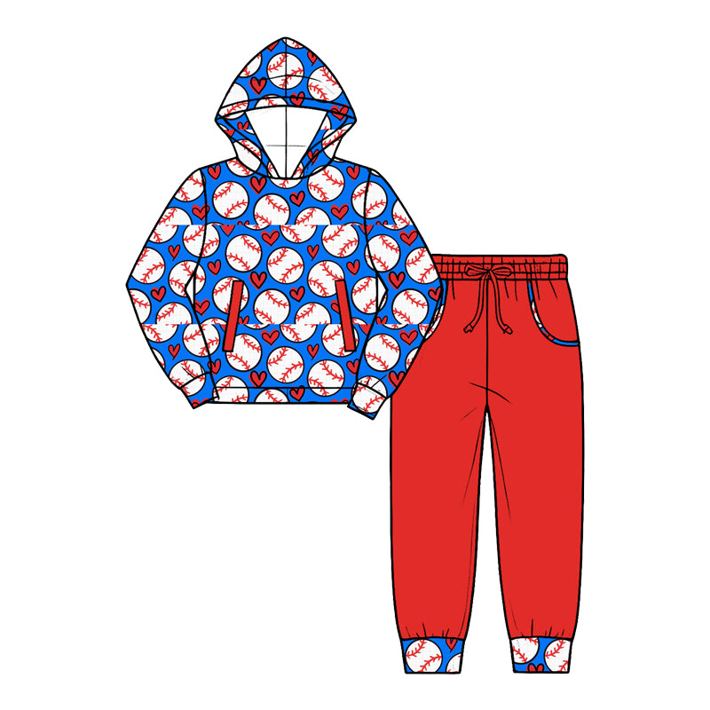 9.25 BLP1634 Preorder Baseball Blue Hoodie Top Red Pockets Pants Boys Clothes Set